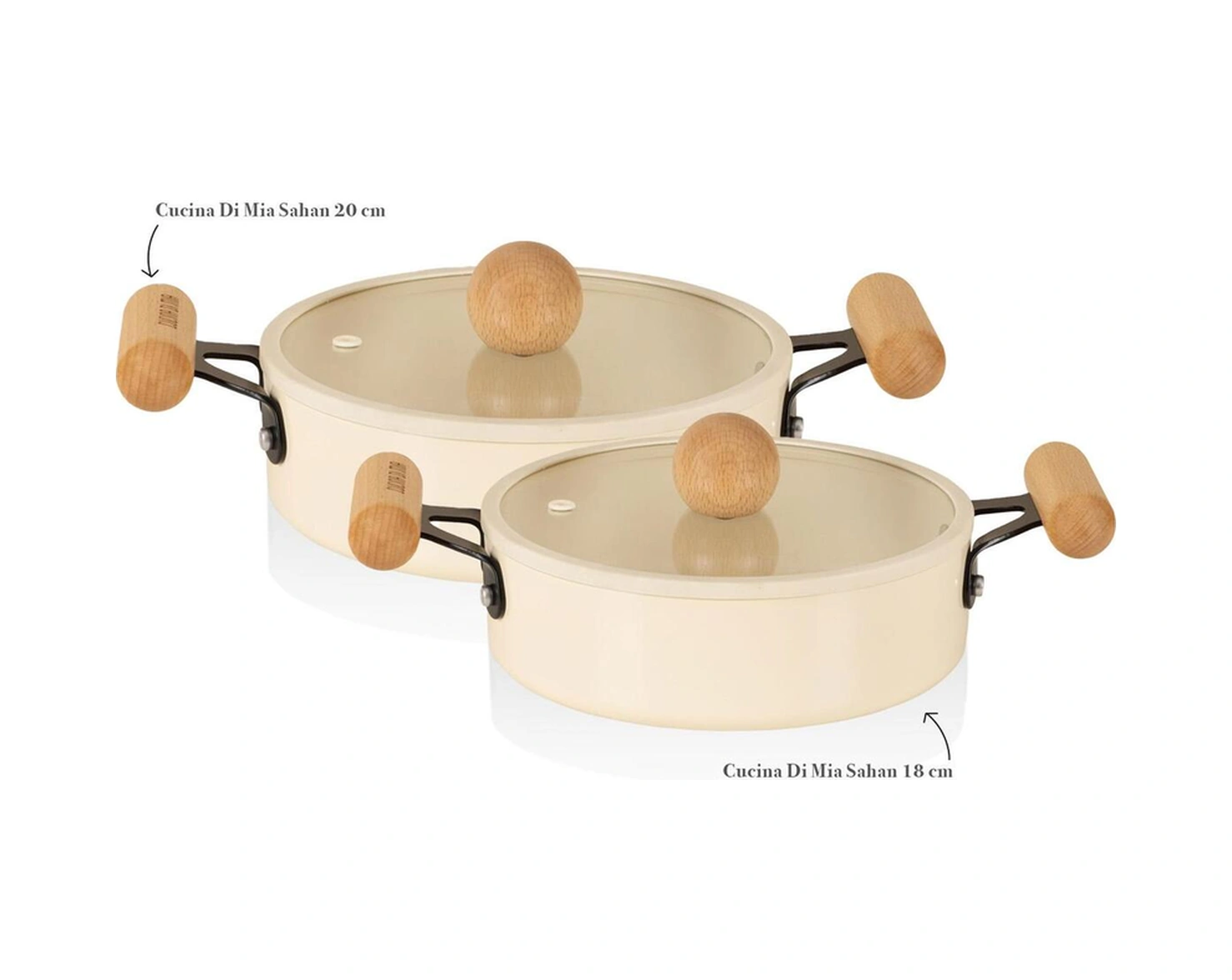 The Mia Cucina 4 Parça 18-20 Cm Kapaklı Sahan Seti Takımı Seramik Kaplama Krem