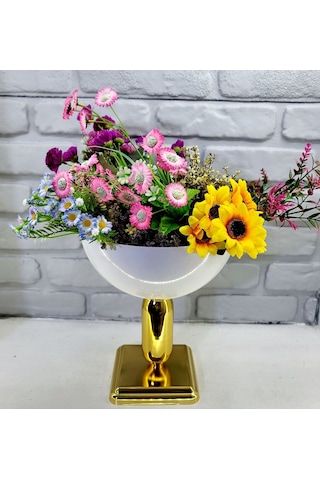 Modern Kare Gold Ayaklı Beyaz Büyük Küre Salon Vazo Masa Dekor Beyaz - Gold