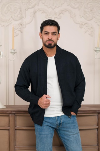 Woolen World Pilot Yaka Fermuar Kapamalı Klasik Kesim Astarlı Çelik Örgü Hırka Lacivert