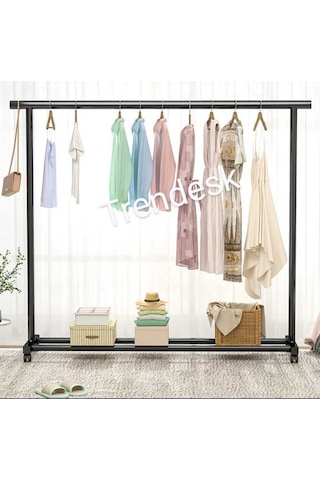 Metal Siyah Konfeksiyon Askısı Ayaklı Askılık Elbise Askılığı Tekerlekli 150 140cm Siyah