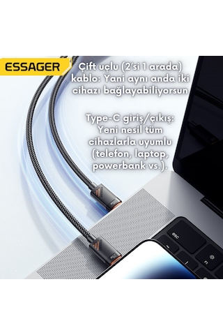Essager 1.2 Metre 100w 2in1 Type C To 2x Type C Şarj Ve Data Kablosu, Çift Cihaz Desteği, Dayanıklı Örgülü Tasarım,