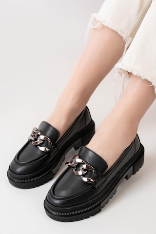 Asmi Shoes Kadın Somo Siyah Cilt Kalın Tokalı Loafer Ayakkabı Siyah Siyah