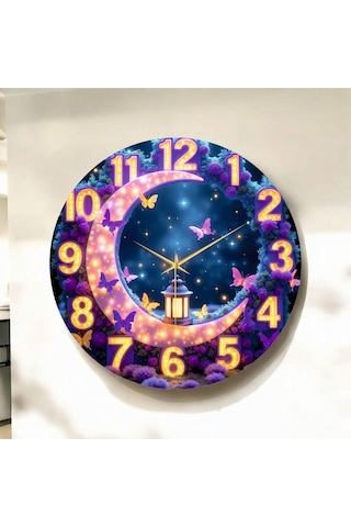 Led Görünümlü Renkli Baskı Hilal Ve Kelebek Desenli Sayılı Hediyelik Ahşap Sessiz Duvar Saati 50cm ÇOk Renkli