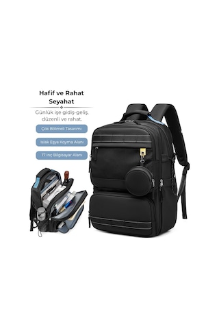 Su Geçirmez Seyahat Sırt Çantası - 17" İnç Laptop Bölmeli - Kuru Islak Ayırma Bölgesi - Ortopedik Siyah