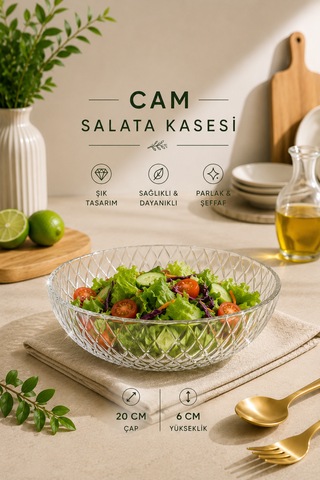 Modern Baklava Desenli Cam Salata Kasesi Meyve Sunumluk Kase Orta Boy 21 Cm Şeffaf