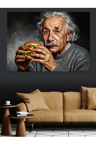 Hamburger Yiyen Bilim İnsanı Einstein Dekoratif Kanvas - Mdf Ahşap Tablo