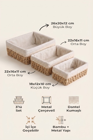 3 Lü Bambu Ekmek Sepeti Seti, 26x20x12 Cm, Metal Çerçeveli Dantelli Çiçek Desenli Kumaşlı Organizer Kahverengi