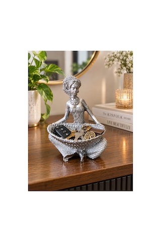 Kadın Figürlü Dekoratif Anahtar Takı Düzenleyici Biblo Gümüş Renk Sepetli Organizer Takı Tabağı 12x15 Cm Gümüş