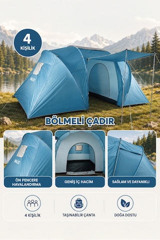 Walke 4 Kişilik Çift Bölmeli Aile Kamp Çadırı Su Geçirmez Polyester 460 X 230 X 185 Mavi