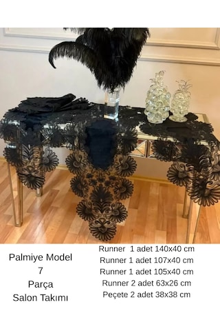 Çeyizlik Palmiye Model Siyah Keten Masa Örtüsü Yolluk Seti 7 Parça Salon Takımı Çok Renkli