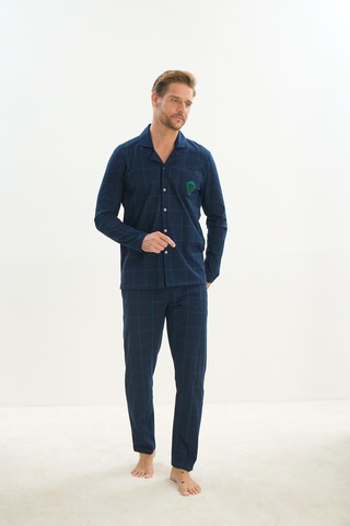Erkek Uzun Kol Gömlek Yaka Önden Düğmeli Lacivert Pijama Takım C2t1n5o9 001