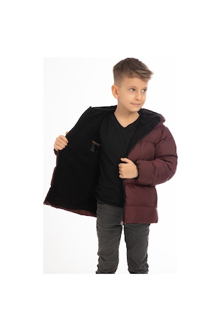 Erkek Çocuk Bordo İçi Polarlı Kürklü Kapüşonlu Su Geçirmez Rüzgara Dayanıklı Şişme Kışlık Mont Bordo