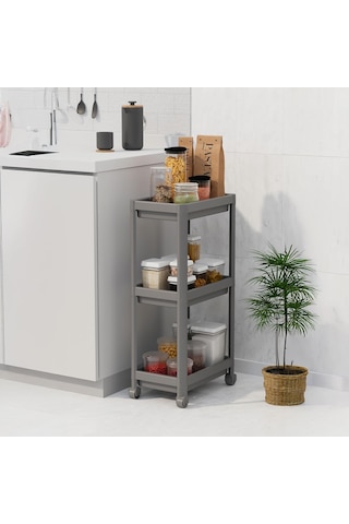 Peggy 3 Katlı Tekerlekli Raf Ünitesi - 36x71x23 Cm Dar Alan Düzenleyici - Mutfak Ve Banyo İçin Aletsiz Kurulum Servis Arabası Beyaz - Siyah - Gri Gri Acı Kahverengi