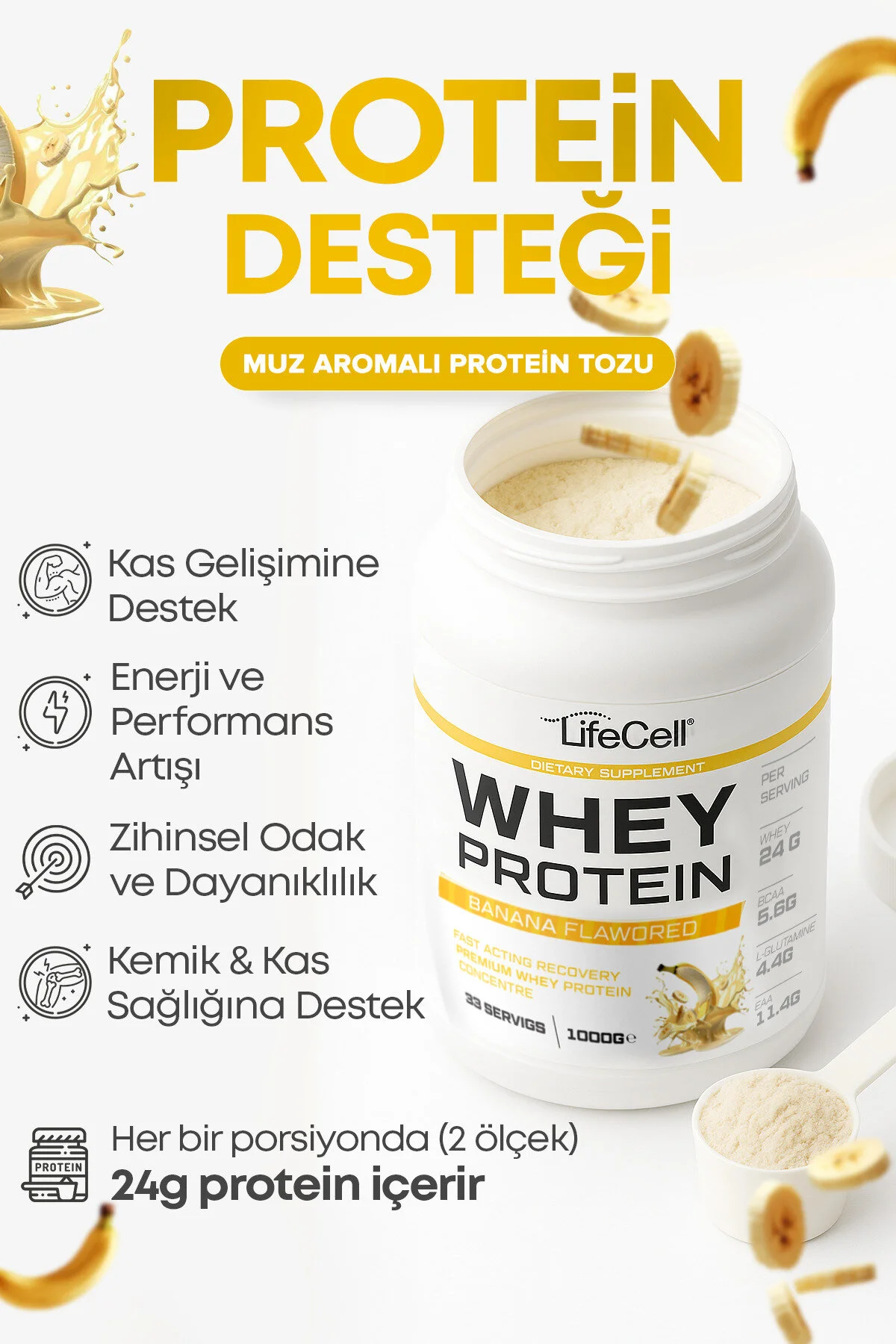 Whey Protein Tozu Muz Aromalı 33 Servis - 1000g