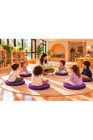 Kreş Anaokulu Yuvarlak Oyun Minderi Aktivite Minderi 40x40x5 Cm - Sandalye Minderi - Bahçe Dekor Minderi Yuvarlak Minder Mor