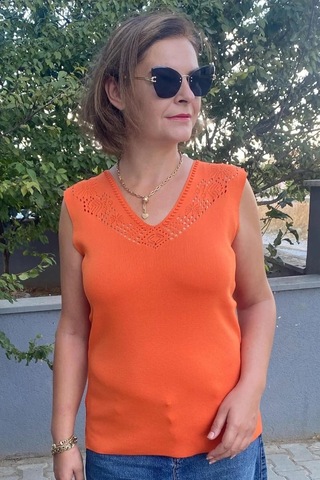 Mia Butik Kadın Lina Turuncu Merserize Kolsuz Bluz Turuncu