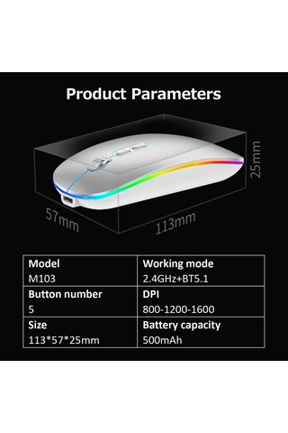 Tenfowee M103 Çift Modlu 2.4g+bt5.1 Kablosuz Mouse, Sessiz Ofis Kullanıma Uygun, 3 Seviye Dpı Ayarlı 800-1200-1600 , 500mah Şarj Edilebilir Pil, Gümüş Rengi