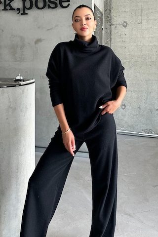 Modagen Kadın Selanik Kumaş Balıkçı Yaka Alt Üst Takım Siyah