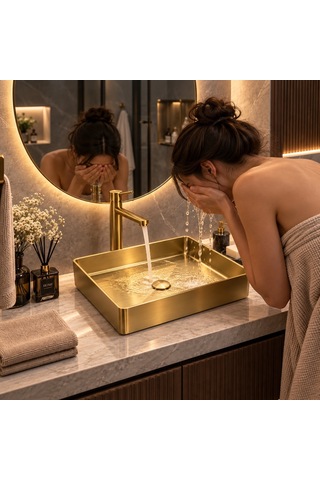 Alfas Aura 51x36cm Dikdörtgen Tezgah Üstü Tezgah Altı Çanak Lavabo Pvd Mat Gold 304 Paslanmaz Çelik