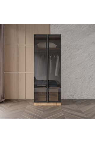 Altay 2 Çekmeceli Giyinme Dolabı Led Askılıklı Tamamı Mdf Füme Camlı Safirmeşe