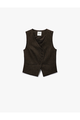 Koton Koton X Şahika Ercümen - Slim Fit Asimetrik Düğmeli Yelek Kahverengi Desenli 6wak20418ew Kahverengi Desenli