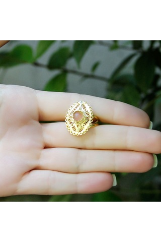 Doğal Taş Pembe Kuvars Doğal Taşlı Telkari Modelli Kadın Ayarlanabilir Altın Kaplama Yüzük Euy65pkg Kırmızı