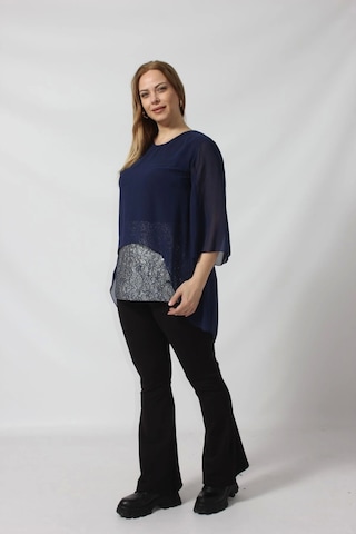 4048 Şifon -simli Dantel Kombinli Büyük Beden Bluz Lacivert Lacivert