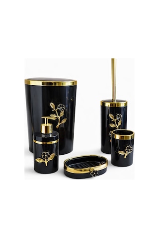 Arvale Çiçek Desenli Pleksi Gold Detaylı Siyah 5 Li Banyo Seti