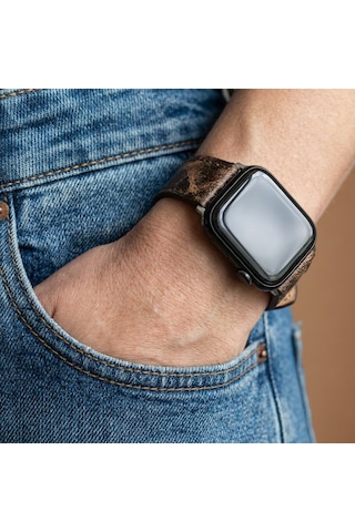 Goldoni Apple Watch Uyumlu Antik Kahverengi İnce Gerçek Deri Kordonu Metal Köprülü