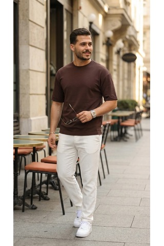 Veraura Lifestyle Erkek Duble Kol Basic Tişört kahverengi