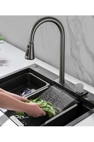Fleko Teknolojik Akıllı Yağmurlama Armatür Kesme Tahtası 2 Tepsi 75x45x20cm Ankastre Evye Seti Hediye Li Diğer