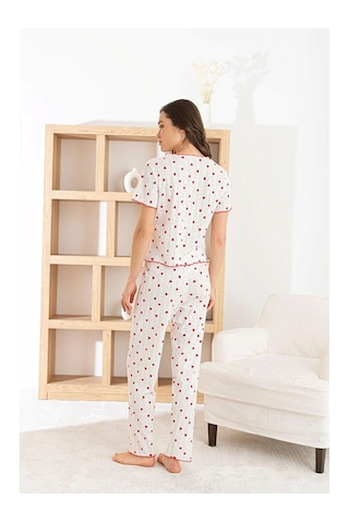Genel Kırmızı Kadın Pamuk Kurdele/fiyonklu Kısa Kollu Fitilli Kaliteli Örme Pijama Takımı Beyaz