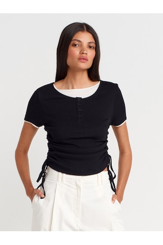 Dilvin 31816 Çift Katlı Büzgülü T-shirt-siyah SIYAH