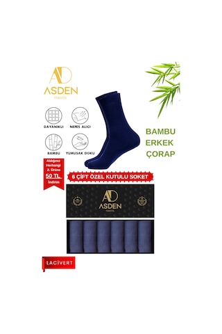 Asden Bambu Erkek Soket Çorap 3 Siyah 3 Lacivert Premium Kutu, Burun Dikişsiz, Yıkamalı 6 Lacivert