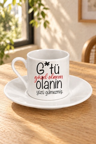 G Tü Güzel Olanın Yüzü Gülmezmiş Baskılı Tabaklı Türk Kahvesi Fincanı Beyaz