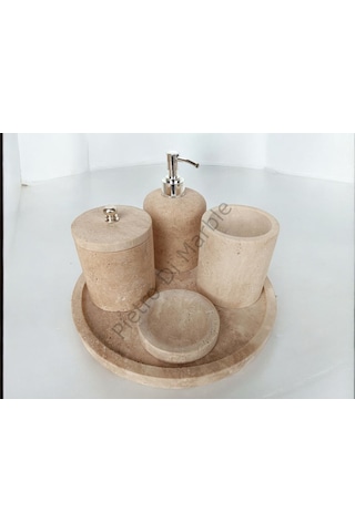 Sarı Traverten Klasik Model 5 Parça Gümüş Renk Düğme Aksesuarlı Banyo Seti Sarı Traverten
