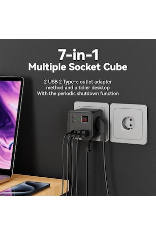 Motion003 7'li Çoklu Priz Küpü Siyah 3 Ac 2 Usb 2 Tip-c Zamanlayıcı 220-240v 10a Ev Ofis