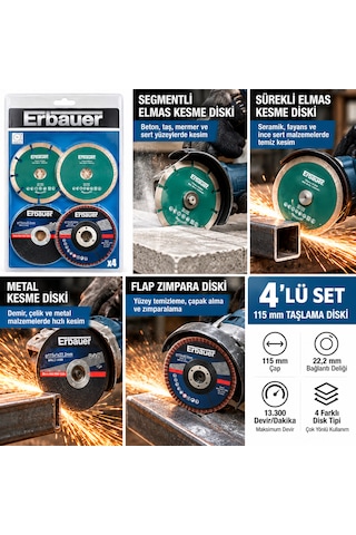 115 Mm Taşlama Diski Seti 4 Parça Elmas Kesme, Metal Kesme Ve Flap Zımpara Diskleri 22,2 Mm