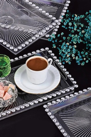 6 Lı Pleksi Plastik Dikdörtgen Boncuklu Kulplu Sunum Servis Tepsi