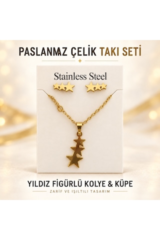 Paslanmaz Çelik Yıldız Figürlü Kolye Ve Küpe Takı Seti Gold Renk Altın Paslanmaz Çelik Yıldız Figürlü Kolye Ve Küpe Takı Seti Gold Renk Altın