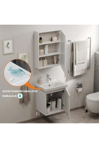 Aqua Bagno Basic Alt Dolap + Üst Dolap -lavabo Dahil-beyaz ,50 Cm. 3 Parça Beyaz