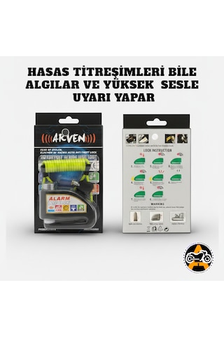 Akgüneş Motogaraj Yüksek Hassasiyetli Yüksek Desibelli Motosiklet Disk Kilidi + Hatırlatma Kablosu Siyah