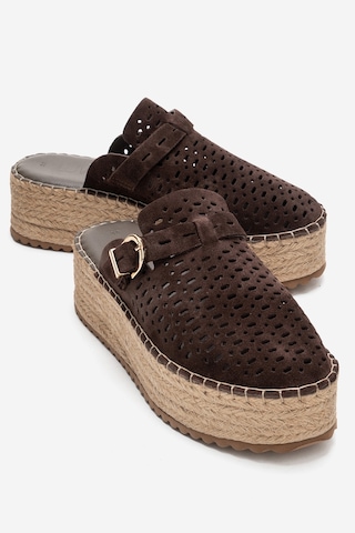 Luvishoes Louıs Kahverengi Süet Hakiki Deri Burnu Kapalı Hasır Dolgu Taban Terlik Kahverengi