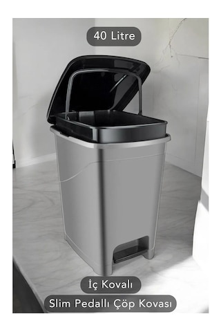 Iç Kovalı Slim Pedallı Banyo Mutfak Çöp Kovası - 40 Litre - Antrasit Antrasit - Gri