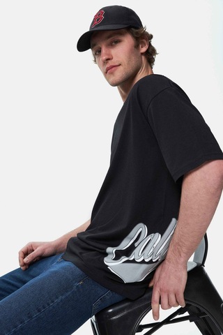 Ucla Roscoe Siyah Bisiklet Yaka Baskılı Oversize Erkek Tshirt Siyah