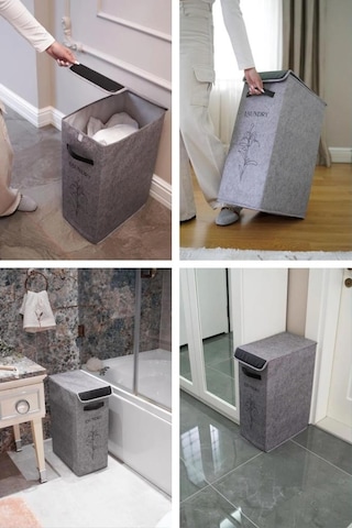 Flosoft Deri Detaylı Kapaklı Keçe Çamaşır Sepeti, Çok Amaçlı Çamaşır Oyuncak Saklama Kutusu Gri