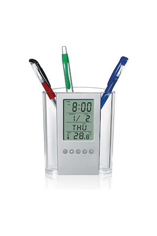 Springsun Ofis Ve Ev İçin Transparan Abs Mutfak Kalem Kutusu - Saat, Takvim, Zamanlayıcı, Termometre Ve Lcd Ekranlı Otomatik Çekmeceli Organizer Gri