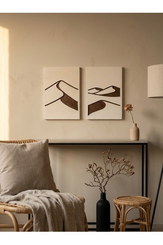 Abstract Dunes 2'li Duvar Sanatı Seti - Modern Soyut Kum Tepesi Motifli Kazıma Tablo, Organik Minimalist Tablo