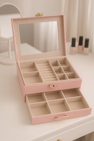 Dışı Deri İçi Kadife Kilitli Çekmeceli Takı Bijuteri Mücevher Kutusu Organizer Düzenleyici Pembe İth