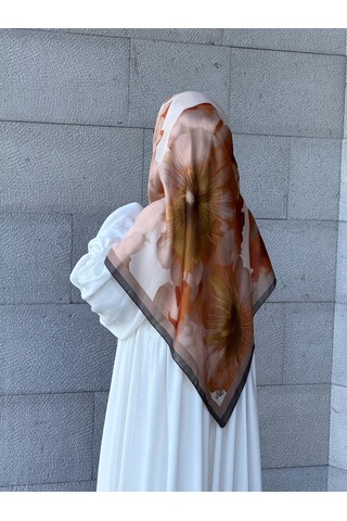 Qalortex Scarf Pamuklu Flora Desen Eşarp-vizon